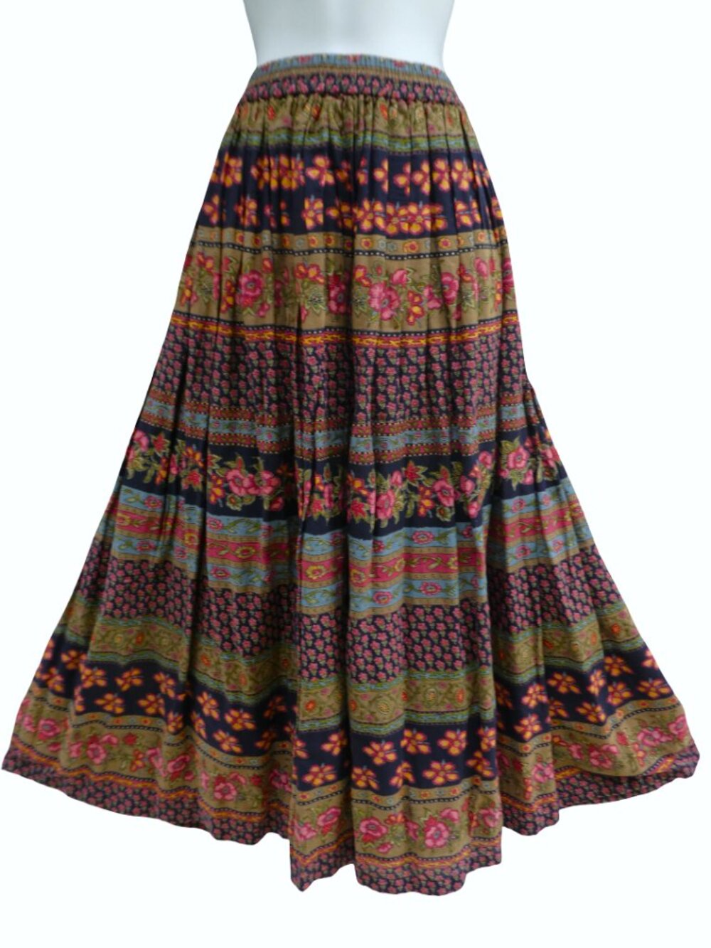 Gauzy Cotton Vintage Broomstick Maxi Skirt Mixed Florals Black Lining Wispy XL